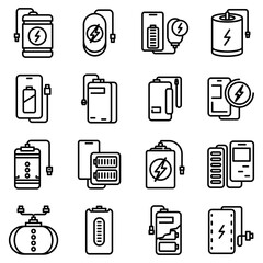 Power bank icons set. Outline set of power bank vector icons for web design isolated on white background