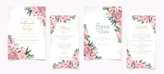 set of wedding invitation card with beautiful red flowers