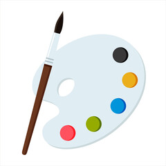Palette with paints and brush isolated on a white background. Flat. Vector illustration