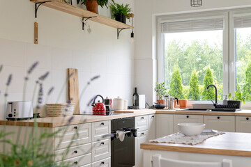 Modern interior of white kitchen with window in rural and scandinavian style. Wooden furniture, countertop, stove and plants in comfortable kitchen. Stylish and design interior.