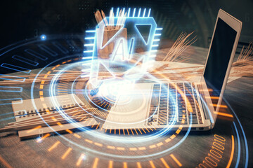 Multi exposure of table with computer on background and data theme drawing. Concept of innovation.