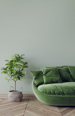 Green simple sofa in modern interior style, rattan basket on empty green wall, 3d render