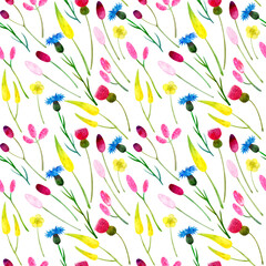 Seamless pattern of wild wildflowers with yellow, blue and pink flowers