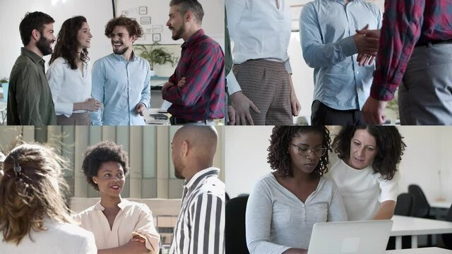 Collage of office employees discussing project. Confident young workers standing, talking and brainstorming. Multiscreen montage, split screen collage. Communication and teamwork concept