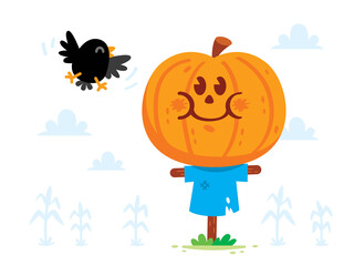Halloween Pumpkin Scarecrow with Cute Crow