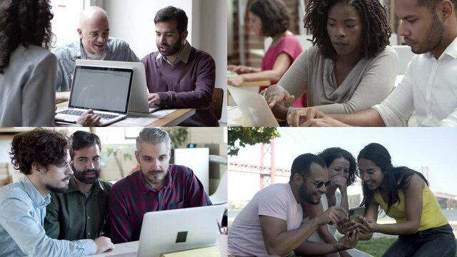 Collage of different people discussing something on screen. Content young multiracial businesspeople using laptop and smartphone and sitting. Split screen collage. Communication and technology concept