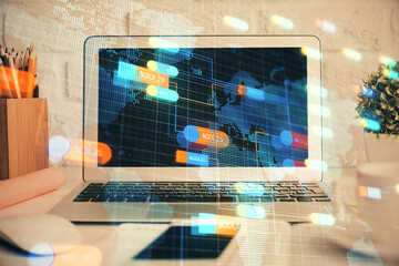 Double exposure of desktop with personal computer on background and tech theme drawing. Concept of Bigdata.