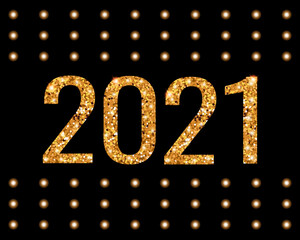 Happy New Year 2021. Banner with golden shiny numbers 2021 on a black background. Vector illustration