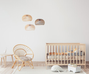 Interior of Scandinavian baby room with comfortable crib and rattan armchair in nursery decor, 3D render - obrazy, fototapety, plakaty