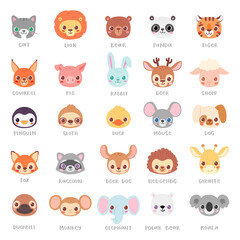 Set of pretty little animal avatars. Cute animal baby heads with shoulders vector illustration for baby card, poster and invitation