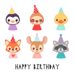 Set pretty little animal avatars in party hats. Happy birthday cute animal baby heads with shoulders vector illustration for baby card, poster and invitation. Penguin, sloth, duck, fox, deer, raccoon