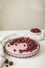 Raspberry dessert, cheesecake with fresh raspberries. Healthy eating
