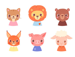 Set of pretty little animal avatars. Cute animal baby heads with shoulders vector illustration for baby card, poster and invitation. Cat, lion, bear, squirrel, pig, sheep