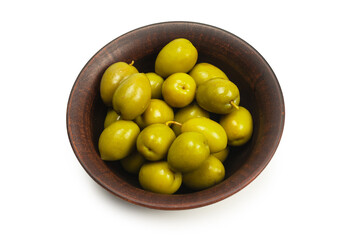 Olives in ceramic brown bowl isolated on white