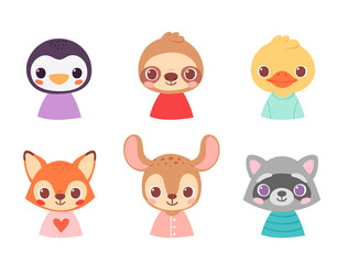 Set of pretty little animal avatars. Cute animal baby heads with shoulders vector illustration for baby card, poster and invitation. Penguin, sloth, duck, fox, deer, raccoon