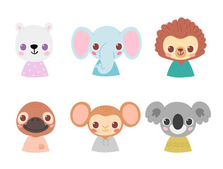 Set of pretty little animal avatars. Cute animal baby heads with shoulders vector illustration for baby card, poster and invitation. Polar bear, elephant, hedgehog, duckbill, monkey, koala