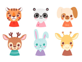 Set of pretty little animal avatars. Cute animal baby heads with shoulders vector illustration for baby card, poster and invitation. Tiger, panda, dog, deer, bunny, giraffe