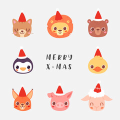 Set of pretty little christmas animal avatars. Cute animal baby heads in Santa hats vector illustration for greeting card, poster and invitation. Cat, lion, bear, squirrel, pig, sheep, duck, penguin