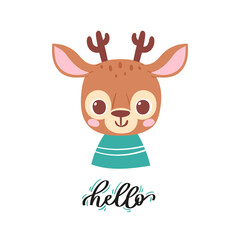 Simple portrait, pretty little animal avatar with lettering quote. Cute reindeer head Scandinavian vector illustration. Doodle icon for kids cards, baby shower, posters, b-day invitation, clothes