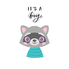 Simple portrait, pretty little animal avatar with lettering quote. Cute raccoon head Scandinavian vector illustration. Doodle icon for kids cards, baby shower, posters, b-day invitation, clothes