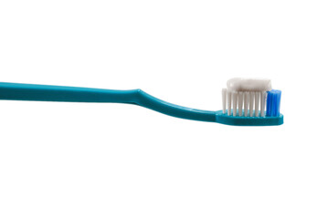 Blue toothbrush with toothpaste isolated on white background.