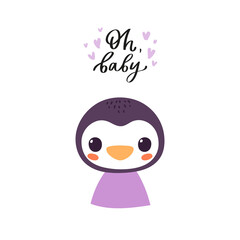 Simple portrait, pretty little animal avatar with lettering quote. Cute penguin head Scandinavian vector illustration. Doodle icon for kids cards, baby shower, posters, b-day invitation, clothes