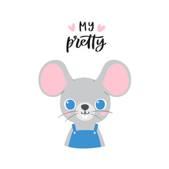 Simple portrait, pretty little animal avatar with lettering quote. Cute mouse head Scandinavian vector illustration. Doodle icon for kids cards, baby shower, posters, b-day invitation, clothes