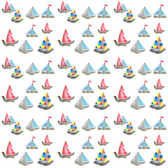 Obraz na płótnie Canvas Watercolor sea style seamless pattern with colorful sail boats on white backdrop.