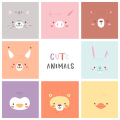 Set of pretty little animal avatars. Cute animal baby heads vector illustration for baby card, poster and invitation. Cat, pig, bear, rabbit, squirrel, penguin, lion, duck