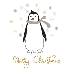 Penguin christmas characters with a scarf and snowflakes. Christmas card, christmas decoration.