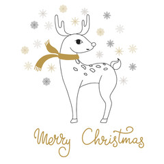 Reindeer christmas characters with a scarf and snowflakes. Christmas card, christmas decoration.
