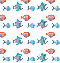 Watercolor seamless pattern with blue and orange fishes on white background.