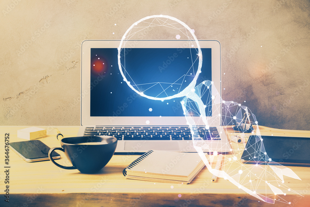Poster Desktop computer background in office and start up theme hologram drawing. Double exposure. Startup concept.