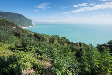 Fototapeta na wymiar Clear blue sea and coastline seen from Mount Conero near Sirolo in Ancona, Marche, Italy