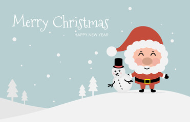 Merry Christmas and happy new year with cute Santa Claus and snowman in green background. Holidays cartoon character vector.