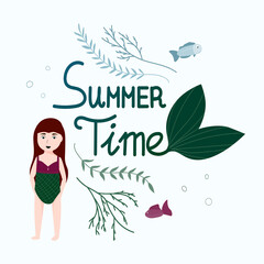 Summer time concept. Cute little girl in mermaid swimsuit, marine life - fish and seaweeds. Invittion for pool party 