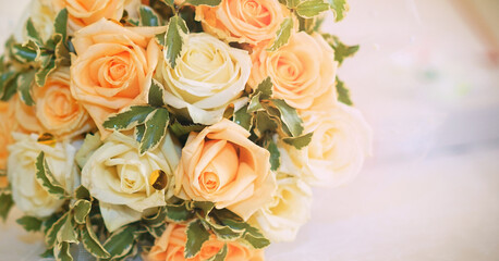 wedding bouquet from rose flowers on white table married concept