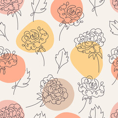 Seamless floral pattern with color shapes, outline roses and leaves