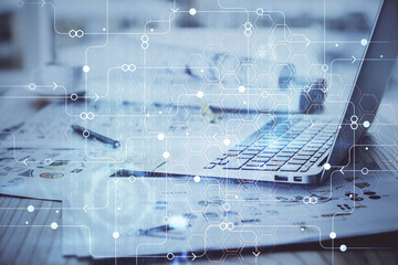 Double exposure of computer and technology theme hud. Concept of innovation.