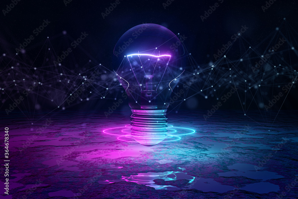 Aufkleber lightbulb illuminating reflecting floor with blue and pink neon light 3d rendering