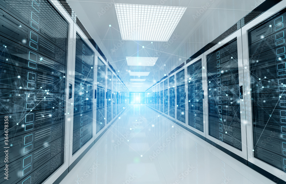 Fototapete connection network in servers data center room storage systems 3d rendering