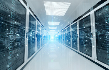 Connection network in servers data center room storage systems 3D rendering