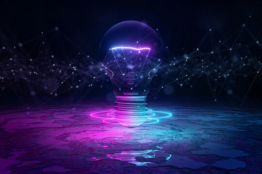 Lightbulb illuminating reflecting floor with blue and pink neon light 3D rendering