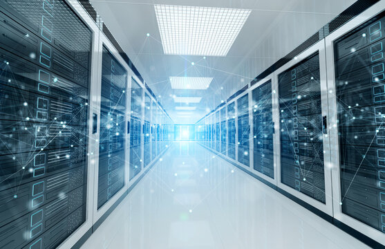 Connection Network In Servers Data Center Room Storage Systems 3D Rendering