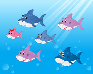 Naklejka premium Set of family shark of colorful cartoon fish character