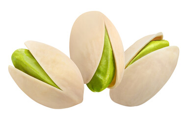 Three delicious pistachios, isolated on white background