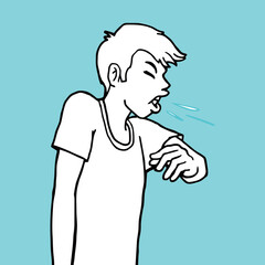 Young man get sick and sneezing. Vector illustration character, draw, sketch, doodle style.