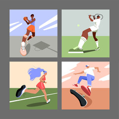 A set of illustrations with beautiful athletes, a tennis player, a basketball player, a girl engaged in jogging, a skateboarder. Different athletes in a flat cartoon style. Illustration for the poster