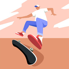Fashionable young guy in a white T-shirt riding a skateboard. Athlete in a flat cartoon style. Gentle illustration for poster, web design.