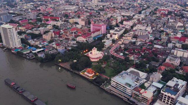 Aerial view of Bangkok downtown in evening time, Phra Sumen Fort.